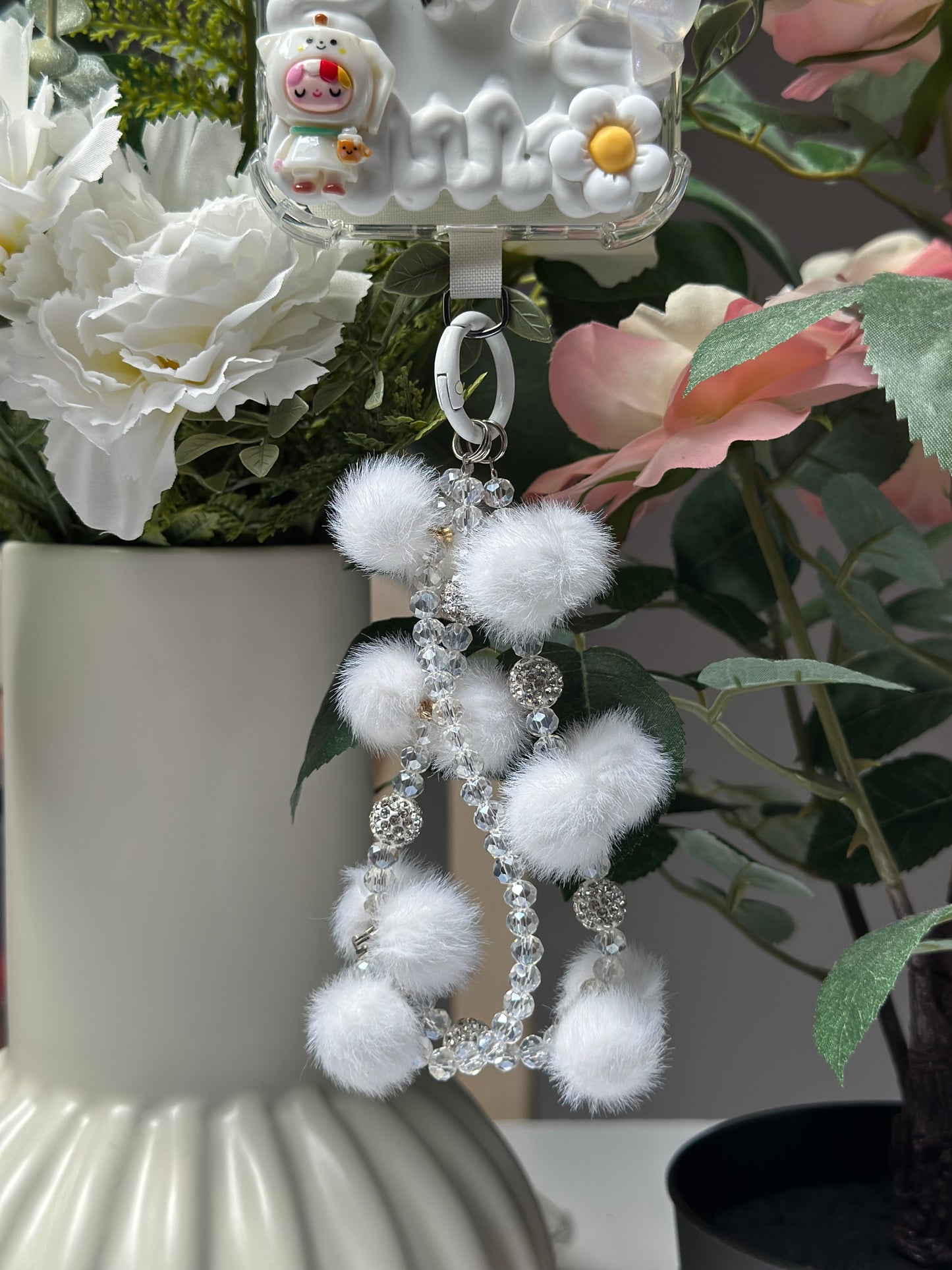 Chaîne de téléphone Ponpon Blanc